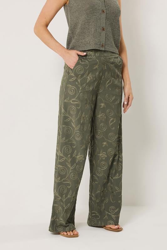 LTS Tall Women's Olive Green Floral Embroidered Wide Leg Trousers | Long Tall Sally 2