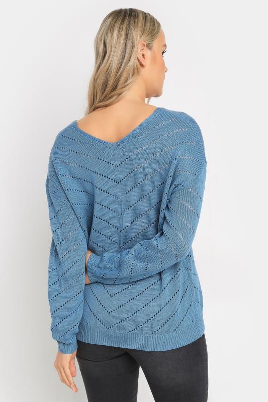 LTS Tall Womens Denim Blue Chevron Pointelle Stitch Jumper | Long Tall Sally 3