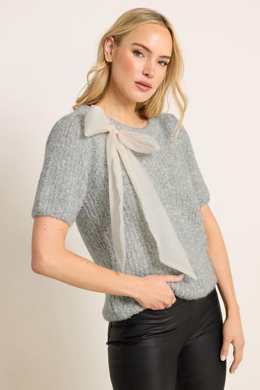 LTS Tall Silver Knitted Bow Jumper | Long Tall Sally 1