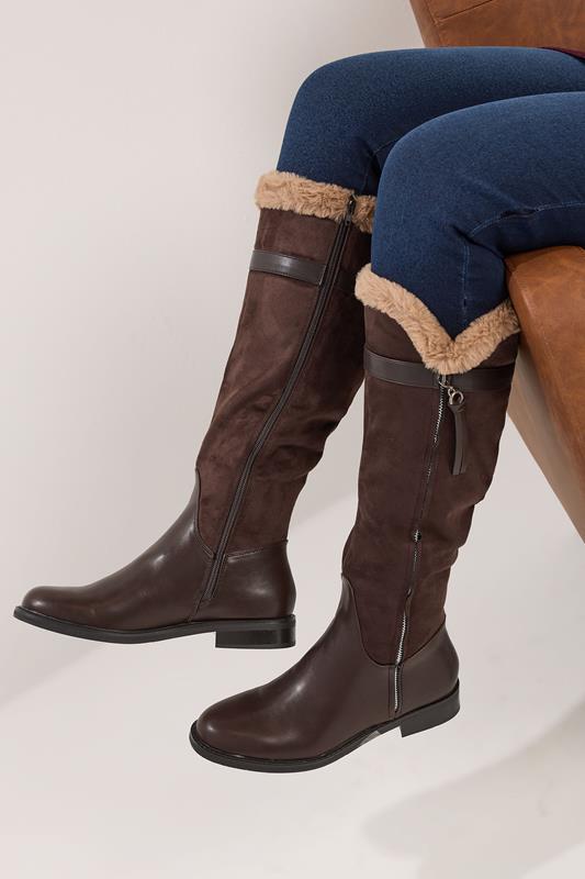 Chocolate Brown Faux Suede Lined Knee High Boots In Standard Fit | Yours Clothing 3