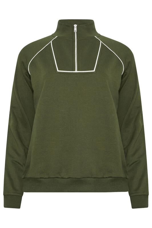 LTS Tall Women's Khaki Green Pipe Detail Quarter Zip Sweatshirt | Long Tall Sally 5