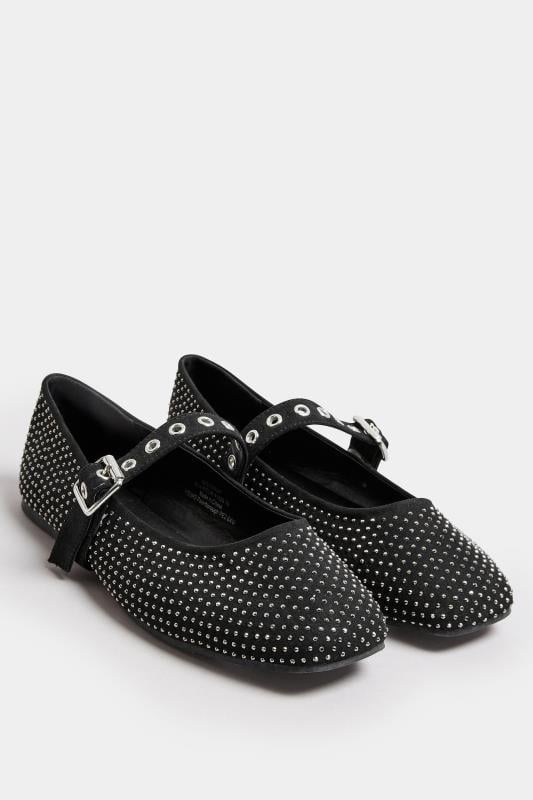 Black Diamante Mary Jane Ballerina Pumps In Extra Wide EEE Fit | Yours Clothing  2