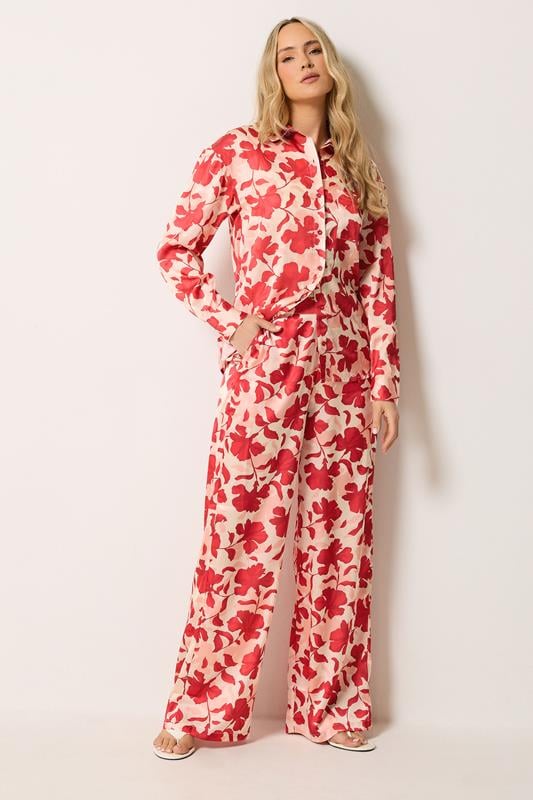  LTS Tall Set Pink Floral Satin Button Shirt & Wide Leg Trousers