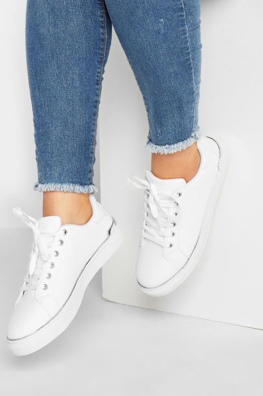 Plus Size  Yours White & Silver Hardware Scallop Trainers In Extra Wide EEE Fit