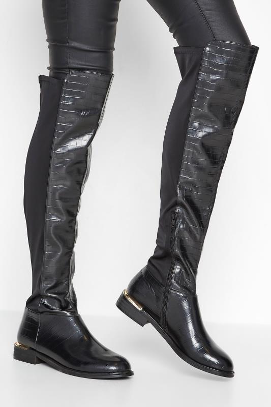 Tall  LTS Black Knee High 50/50 Faux Leather Croc Boots In Standard Fit