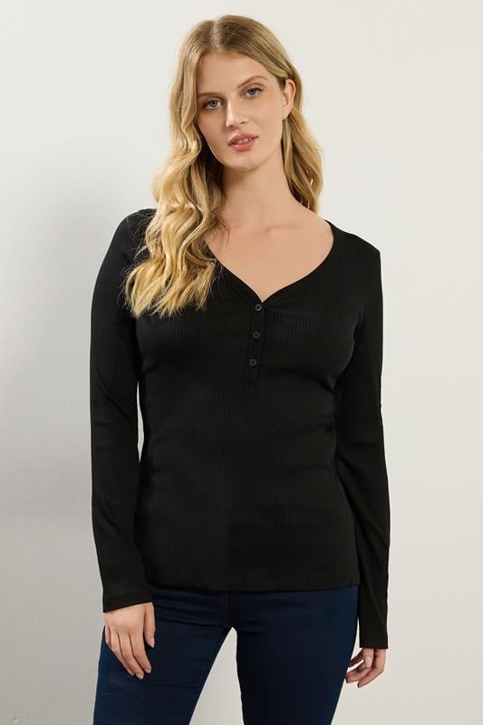LTS Tall Black Cotton Ribbed Henley Top | Long Tall Sally 1