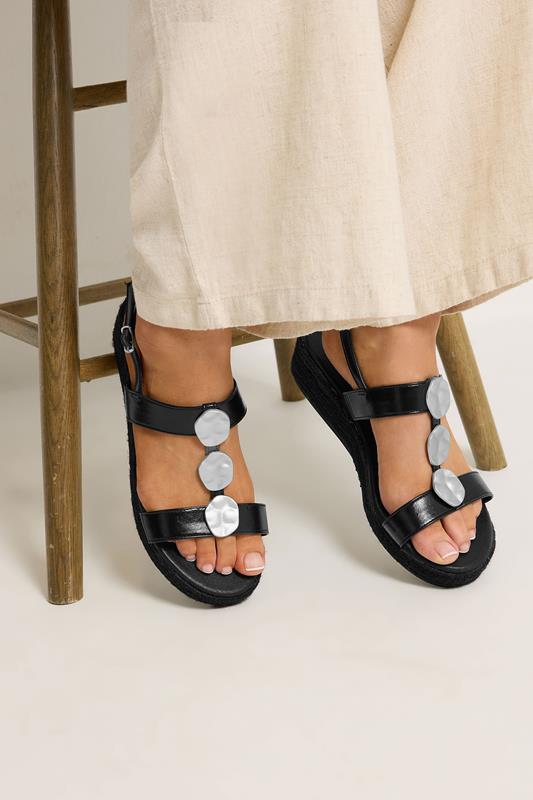 Black Hammered Disk Wedge Sandals In Wide E Fit