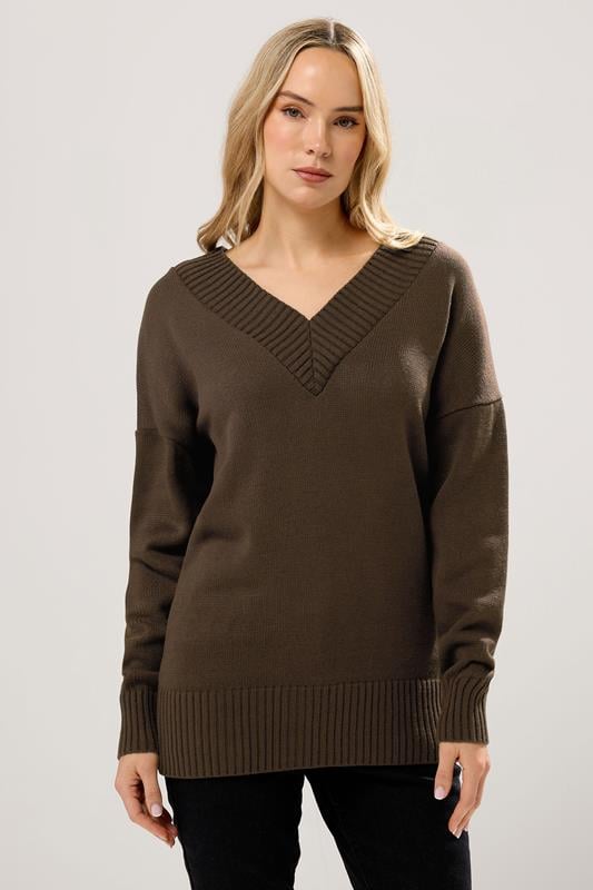 Tall  LTS Tall Chocolate Brown Knitted V-Neck Jumper