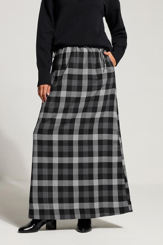 LTS Tall Black Cotton Check Side Tie Maxi Skirt | Long Tall Sally 2