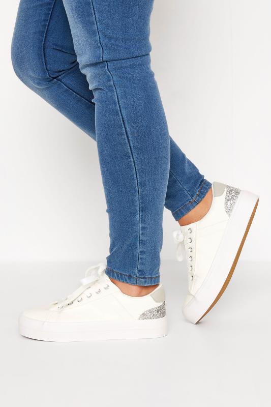 White Glitter Detail Trainers In Wide E Fit | Yours Clothing 1