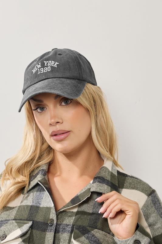 Plus Size  Yours Grey Acid Wash 'New York' Slogan Baseball Cap