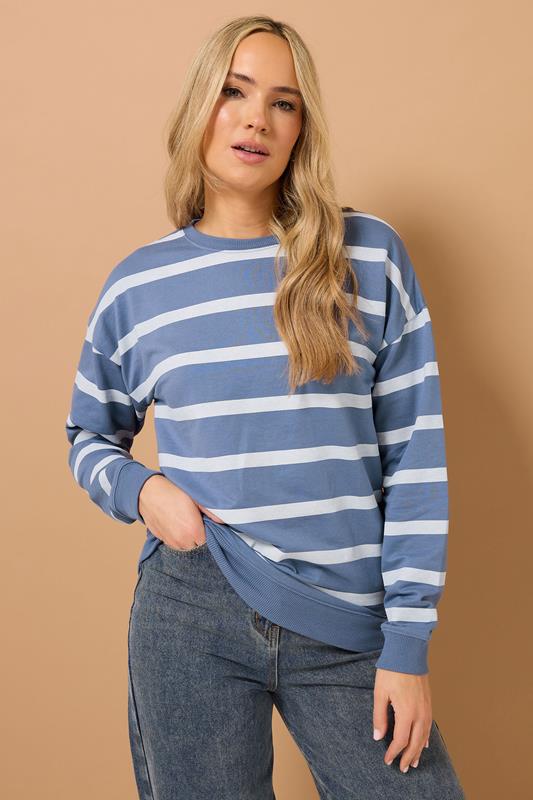 LTS Tall Light Blue Stripe Print Crew Neck Sweatshirt | Long Tall Sally 1