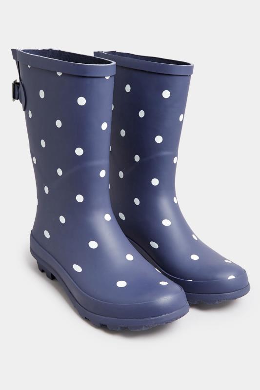 Navy Spot Print Mid Calf Wellies In Wide E Fit | Yours Clothing 2