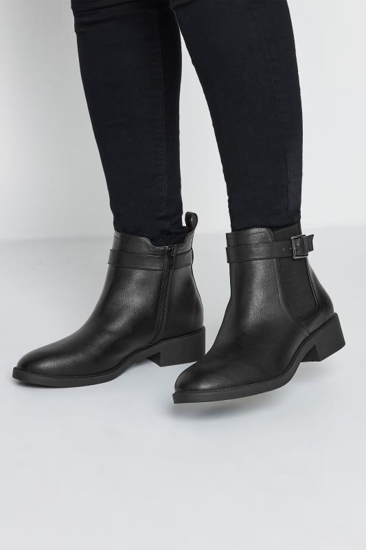 Plus Size  Yours Black Buckle Faux Leather Ankle Boots In Wide E Fit & Extra Wide EEE Fit