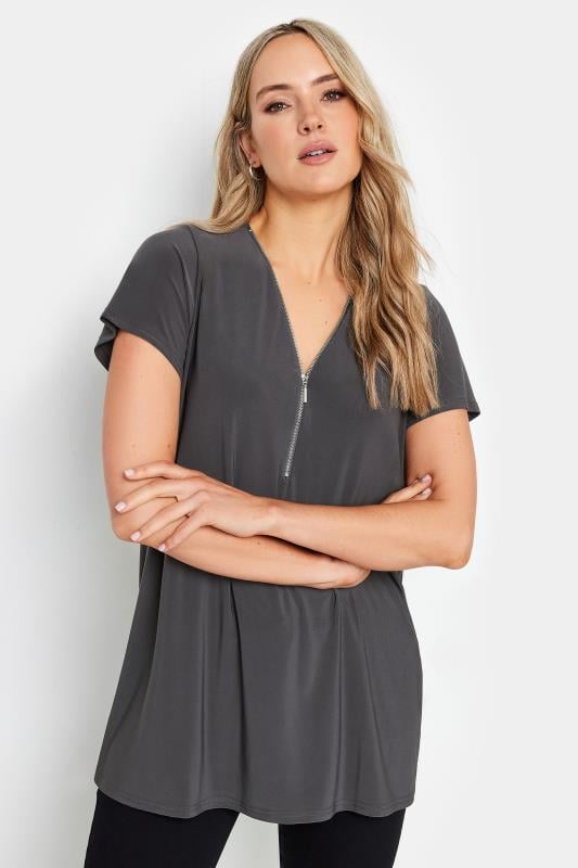 LTS Tall Women's Charcoal Grey Zip Detail T-Shirt | Long Tall Sally 1