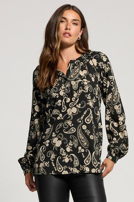 LTS Tall Black Paisley Placket Blouse | Long Tall Sally 1