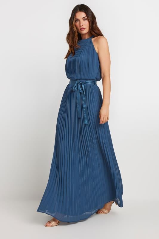 LTS Tall Women's Navy Blue Halterneck Pleated Maxi Dress | Long Tall Sally 1