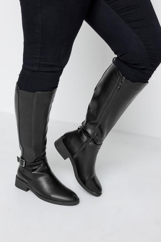 Black Faux Leather Buckle Knee High Boots In Wide E Fit & Extra Wide EEE Fit | Yours Clothing 1