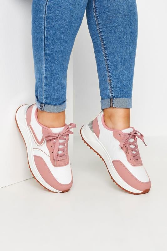 Plus Size  Yours White & Pink Contrast Chunky Trainers In Wide E Fit