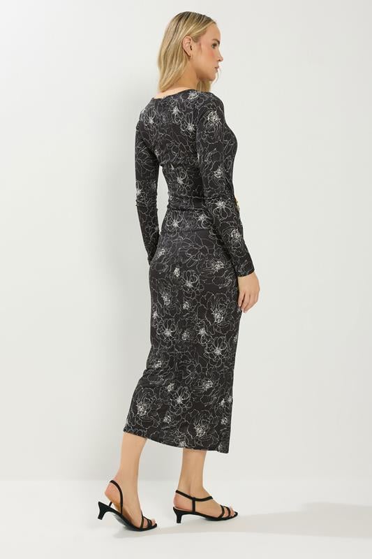 LTS Tall Black Floral Jersey Drape Long Sleeve Buckle Dress | Long Tall Sally 3
