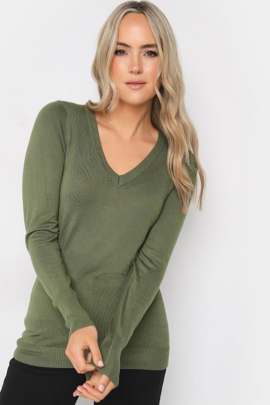 LTS Tall Womens Khaki Green Fine Knit V-Neck Jumper | Long Tall Sally 4