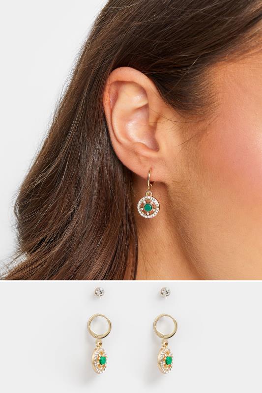 Gold & Green Diamante Stud Drop Earrings | Yours Clothing  1