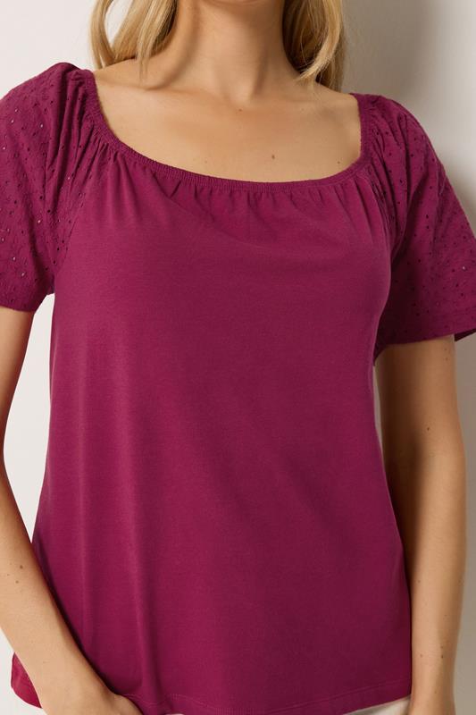 LTS Tall Women's Berry Red Embroidered Sleeve Cotton Top | Long Tall Sally 4