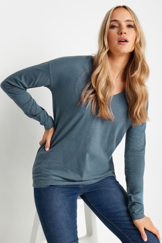 LTS Tall Blue V-Neck Long Sleeve Cotton T-Shirt | Long Tall Sally 1