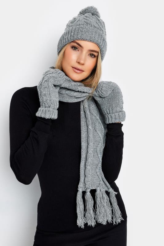 Plus Size  Yours Grey Cable Knit Scarf Hat & Gloves Set