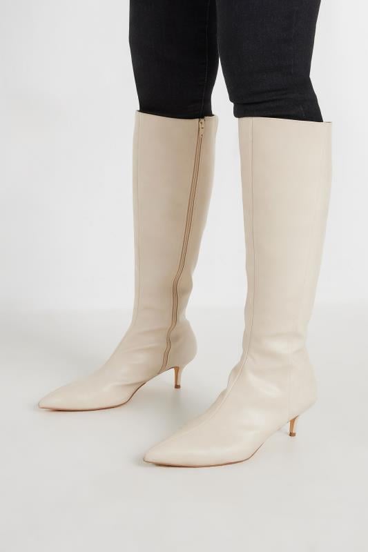 LTS Ivory White Faux Leather Knee High Heeled Boots In Standard Fit | Long Tall Sally 2