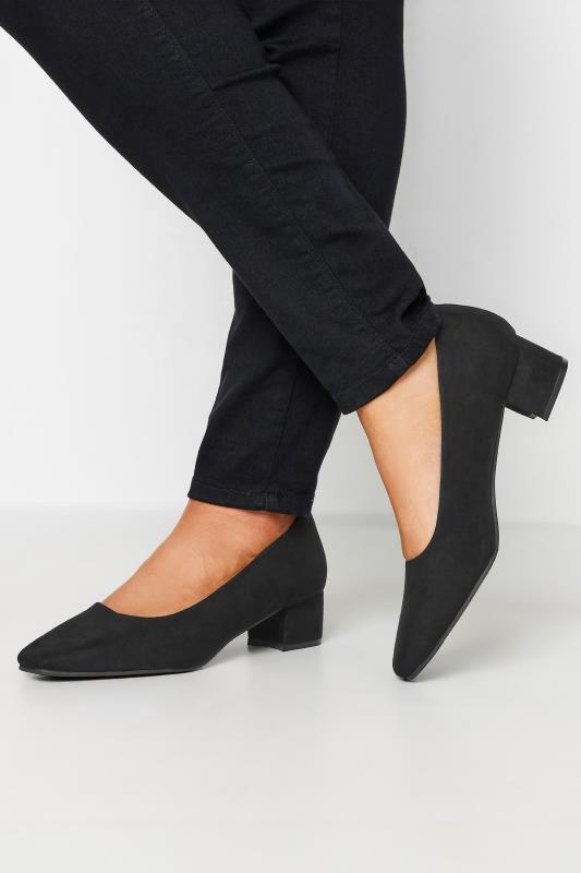 Black Faux Suede Block Heel Court Shoe In Extra Wide EEE Fit | Yours Clothing 1