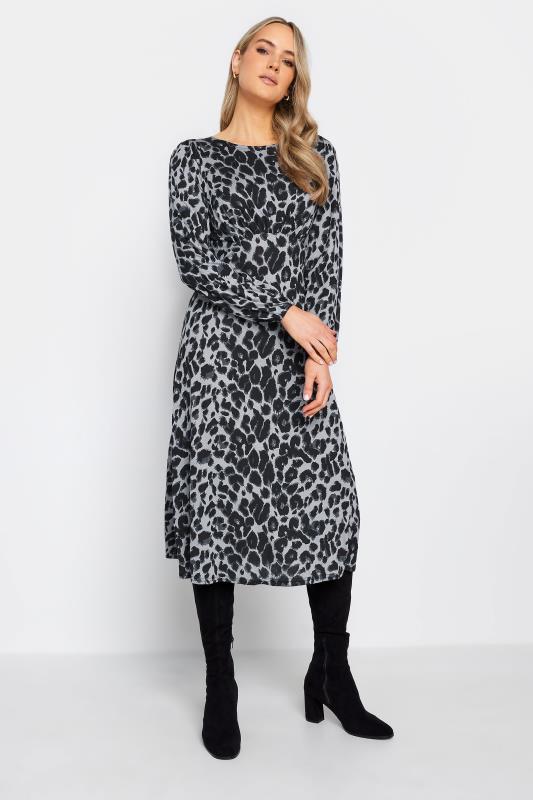 LTS Tall Charcoal Grey Long Sleeve Animal Print Midi Tea Dress | Long Tall Sally 2