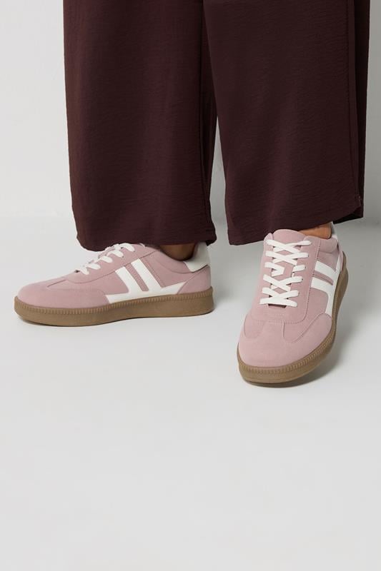 Pink Faux Suede Side Stripe Lace Up Trainer In Wide E Fit