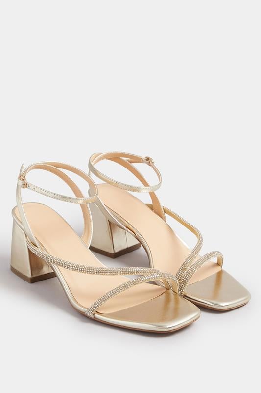 Gold Diamante Block Heel Sandals In Extra Wide EEE Fit | Yours Clothing 2