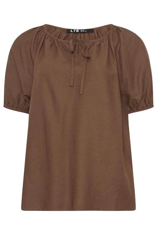 LTS Tall Women's Chocolate Brown Tie Front Linen Blouse | Long