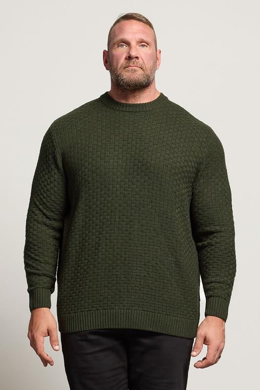 BadRhino Big & Tall Dark Green Textured Crew Neck Knitted Jumper | BadRhino 1