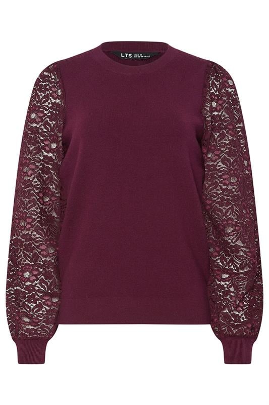 LTS Tall Burgundy Red Lace Sleeve Knit Jumper | Long Tall Sally 1