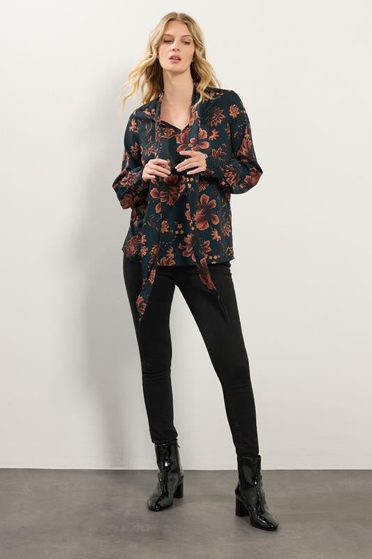 LTS Tall Teal Blue Floral Tie Neck Blouse | Long Tall Sally  4