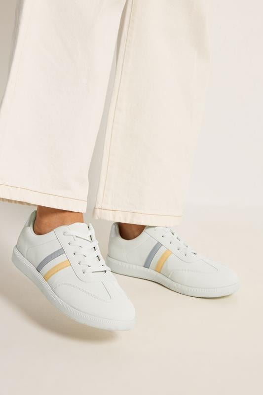  Yours White & Yellow Retro Stripe Trainers In Extra Wide EEE Fit