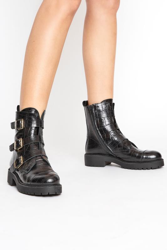 Tall  LTS Black Leather Croc Buckle Strap Boots In Standard Fit