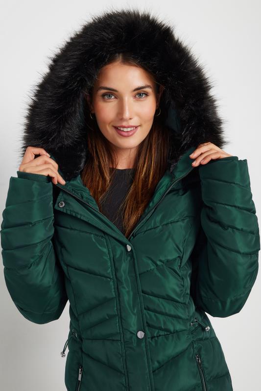 LTS Tall Women s Green Faux Fur Trim Padded Longline Coat Long Tall Sally