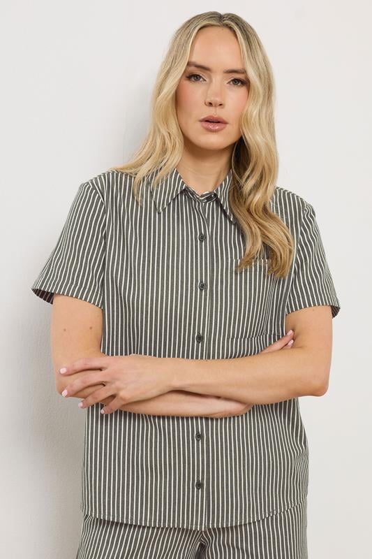 LTS Tall Women's Set Olive Green Stripe Button Cotton Shirt & Trousers | Long Tall Sally 2