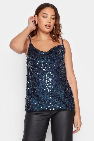 LTS Tall Navy Blue Sequin Cowl Neck Cami Top | Long Tall Sally