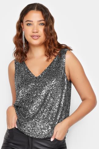 LTS Tall Silver Sequin V-Neck Cami Top | Long Tall Sally