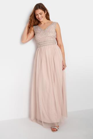 LTS Tall Women's Blush Pink Sequin Hand Embellished Maxi Dress | Long ...