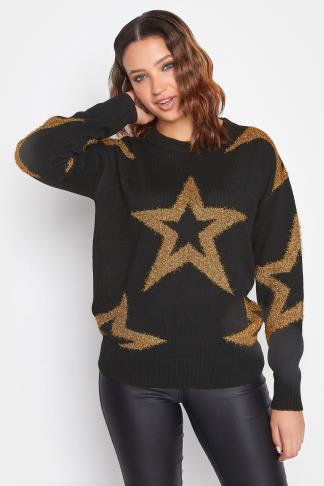 LTS Tall Black & Gold Glitter Star Jumper | Long Tall Sally