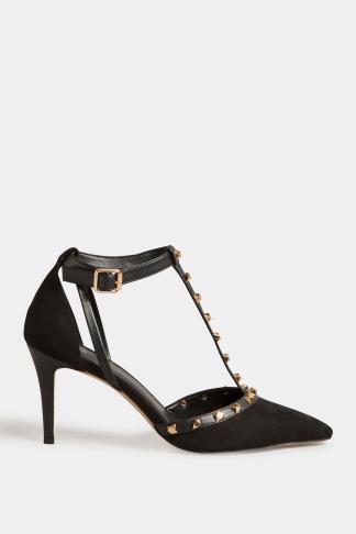 LTS Black Studded T-Bar Court Heel Shoes in Standard Fit | Long Tall Sally