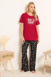 LTS Tall Red 'Time To Shine' Slogan Wide Leg Pyjama Set | Long Tall Sally 1