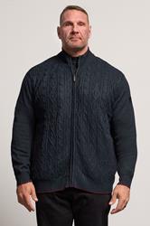 D555 Big & Tall Navy Blue Marl Zip Through Cable Knit Jumper | BadRhino 1