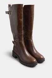 Brown Faux Leather Buckle Detail Knee High Boots In Standard Fit | Yours Clothing 2